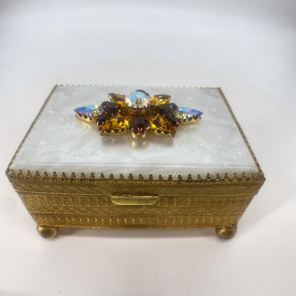 None and/or Unknown Other - Vintage Austria Jeweled Trinket Box Gold Tone Etched Red Velvet Lined